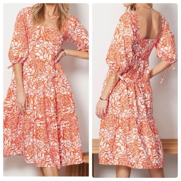 Amanda Uprichard Francine Floral cotton MIDI dress size large orange white - Picture 1 of 6